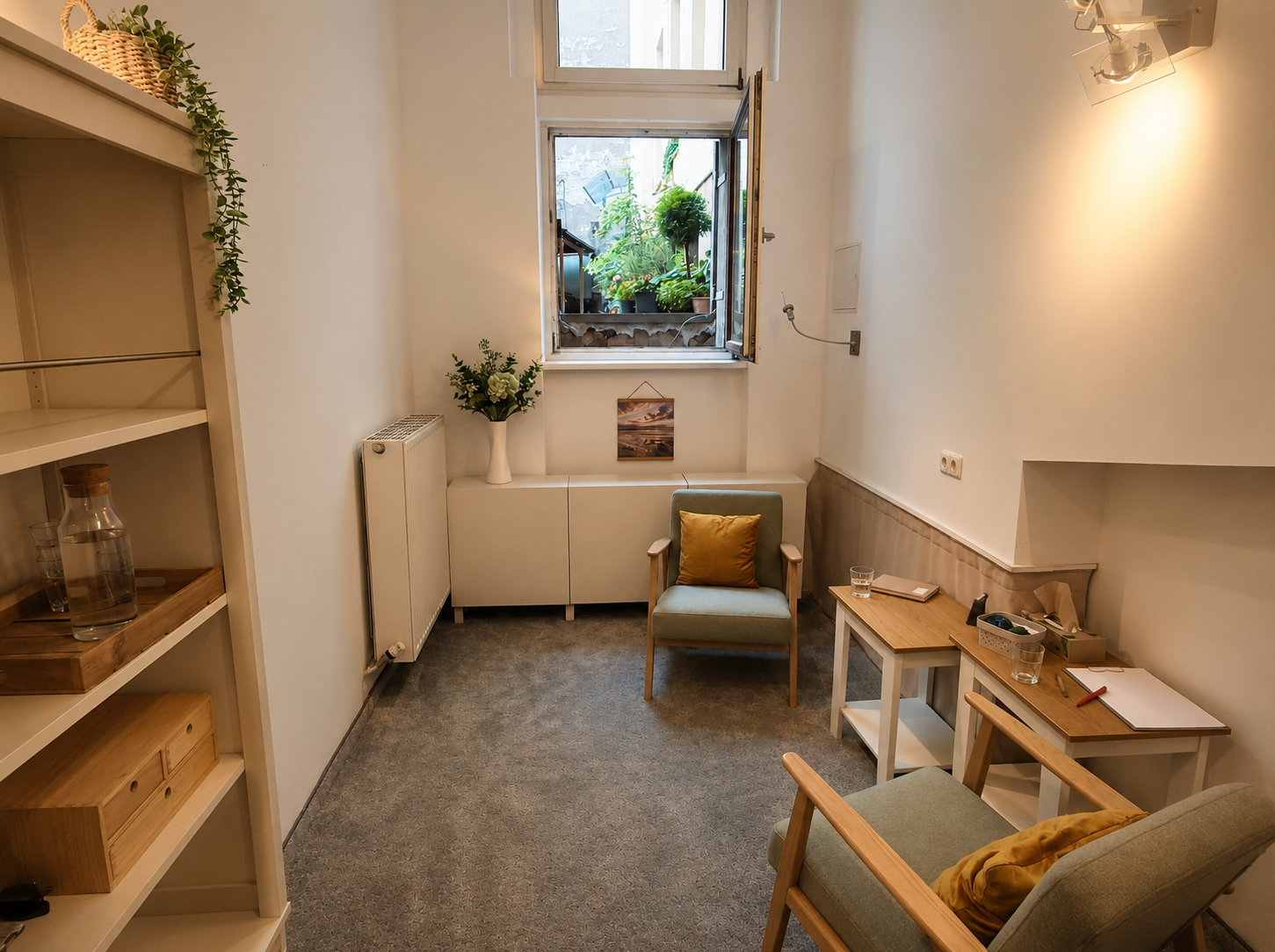 Therapieraum mit Sessel, Fenster, Pflanzen und warmem Licht – ein ruhiger Ort für therapeutische Gespräche in Berlin-Kreuzberg